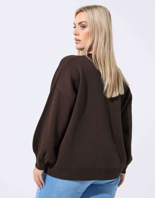 Yours Clothing Balloon sleeve cardigan in brown, 4 of 4