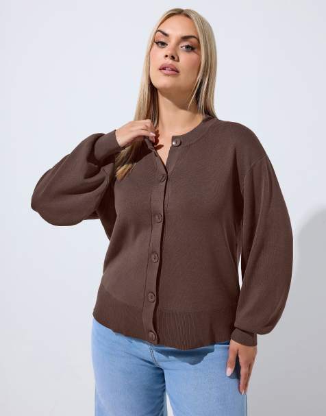 Yours Clothing Balloon sleeve cardigan in brown - view 1