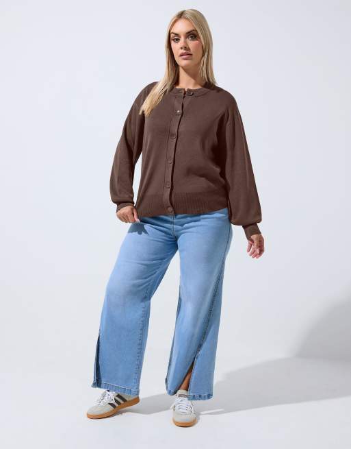 Yours Clothing Balloon sleeve cardigan in brown, 2 of 4