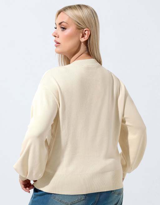 Yours Clothing Balloon sleeve cardigan in natural, 3 of 4