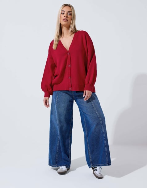 Yours Clothing Balloon sleeve knitted cardigan in red