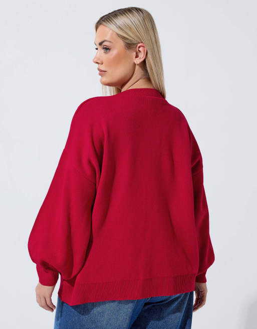 Yours Clothing Balloon sleeve knitted cardigan in red, 2 of 4