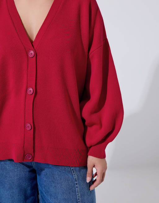 Yours Clothing Balloon sleeve knitted cardigan in red, 3 of 4