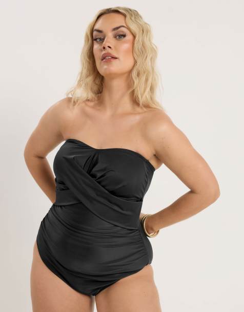 Yours Clothing Bandeau crossover super sculpt swimsuit in black - view 1