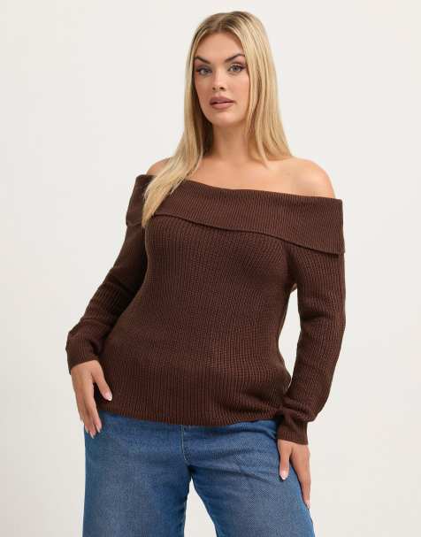 Yours Clothing Bardot knitted jumper in brown - view 1