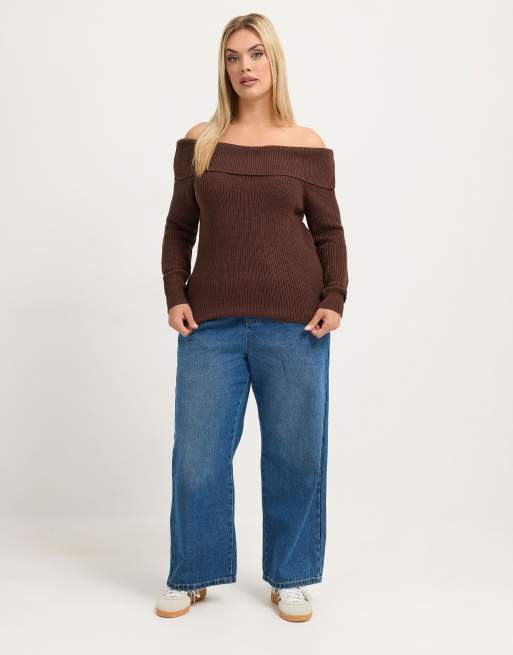 Yours Clothing Bardot knitted jumper in brown, 2 of 4