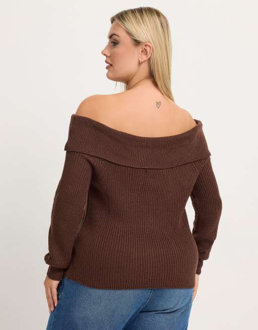 Yours Clothing Bardot knitted jumper in brown, 3 of 4