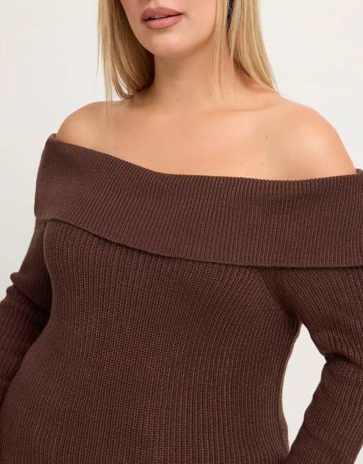 Yours Clothing Bardot knitted jumper in brown, 4 of 4