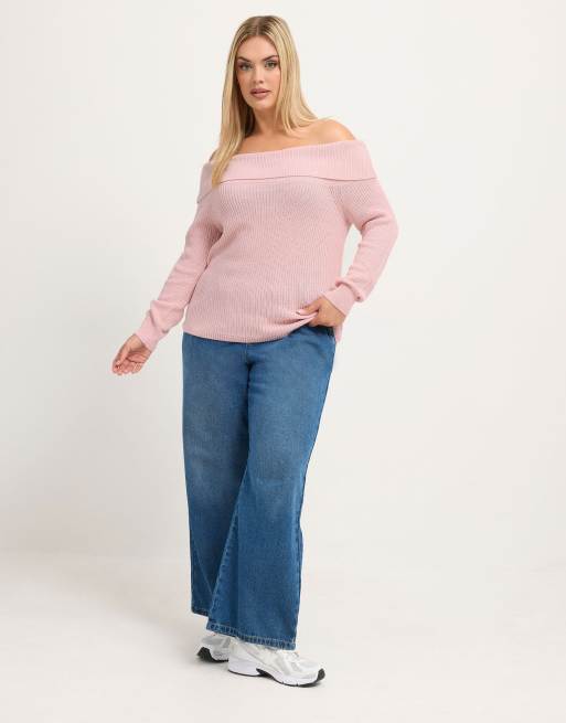 Yours Clothing Bardot knitted jumper in pink, 2 of 4