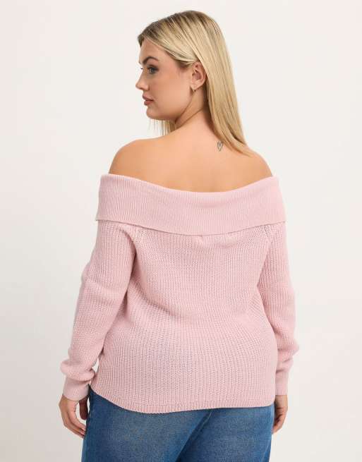 Yours Clothing Bardot knitted jumper in pink, 3 of 4