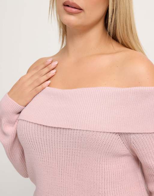 Yours Clothing Bardot knitted jumper in pink, 4 of 4