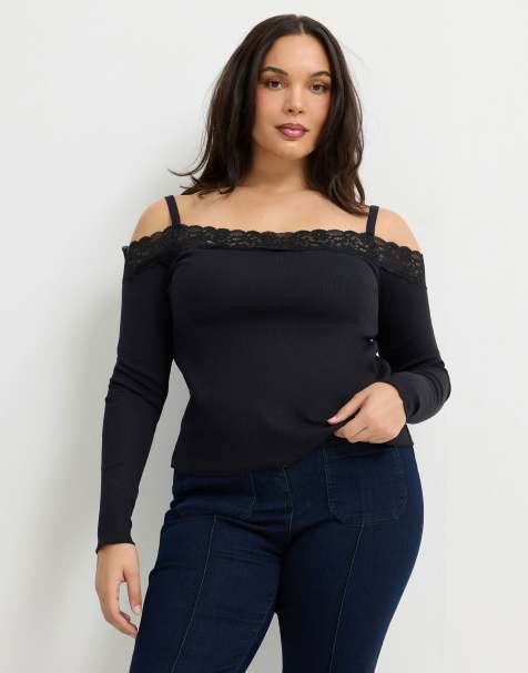 Yours Clothing Bardot lace trim top in black