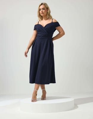 Yours Clothing Bardot skater dress in blue-Navy