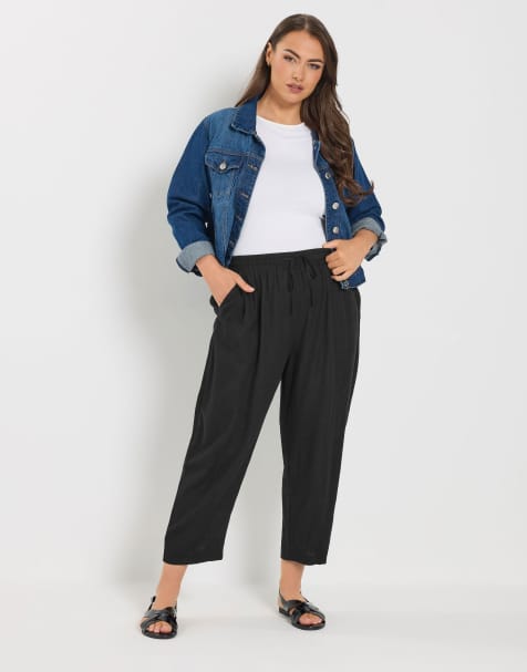 Yours Clothing Barrel leg linen blend trousers in black - view 1