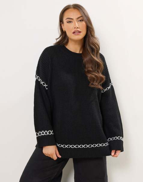 Yours Clothing Blanket stitch jumper in black - view 1