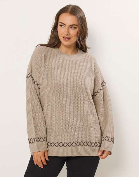 Yours Clothing Blanket stitch jumper in natural