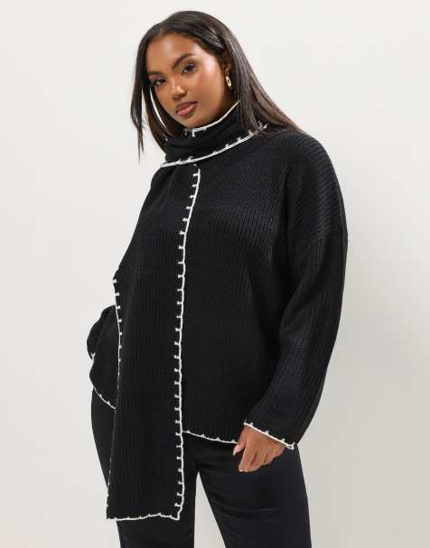 Yours Clothing Blanket stitch scarf detail jumper in black - view 1