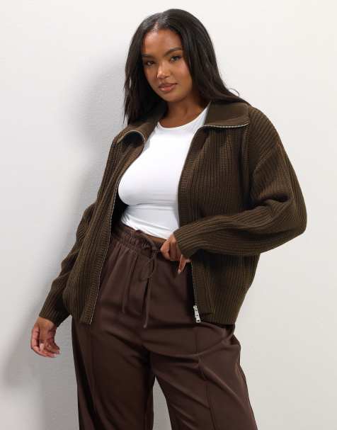 Yours Clothing Bomber knitted cardigan in brown - view 1
