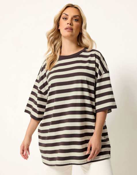 Yours Clothing Boxy stripe t-shirt in brown - view 1
