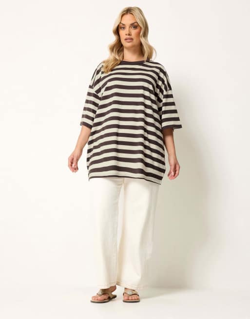 Yours Clothing Boxy stripe t-shirt in brown, 2 of 4