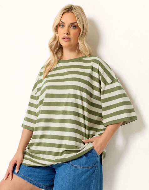 Yours Clothing Boxy stripe t-shirt in green - view 1