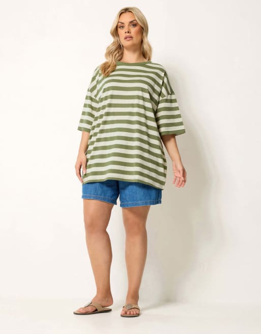 Yours Clothing Boxy stripe t-shirt in green, 2 of 4