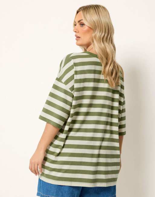 Yours Clothing Boxy stripe t-shirt in green, 3 of 4