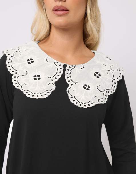 Yours Clothing Broderie anglaise oversized collar top in black