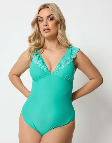 Yours Clothing Broderie frill tummy support swimsuit in blue - view 1