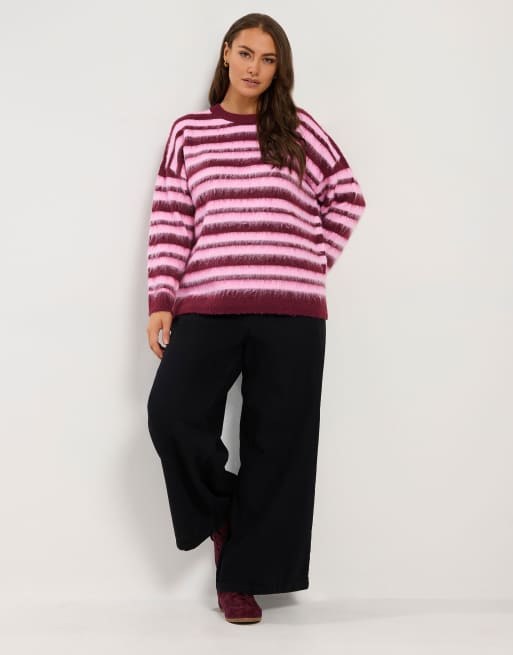 Yours Clothing Brushed striped knitted jumper in pink, 2 of 4