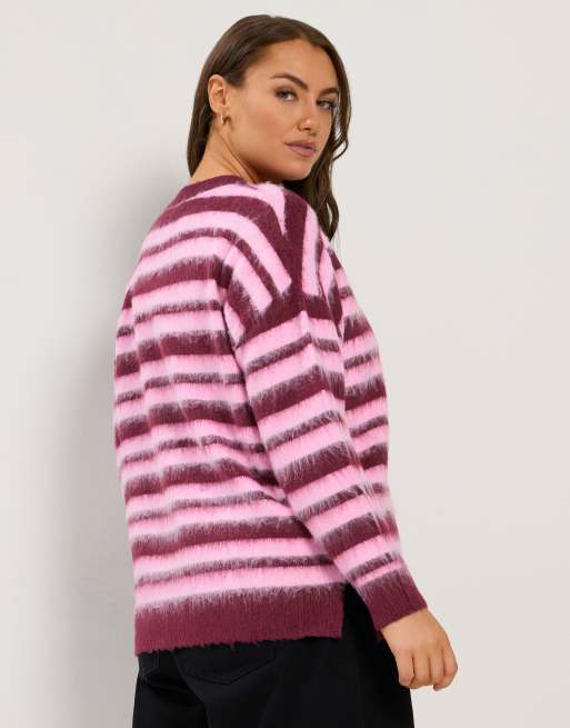 Yours Clothing Brushed striped knitted jumper in pink, 3 of 4