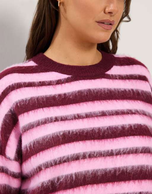Yours Clothing Brushed striped knitted jumper in pink, 4 of 4