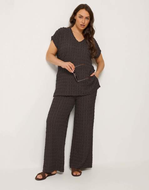 Yours Clothing Bubble textured top & trousers set in brown - view 1