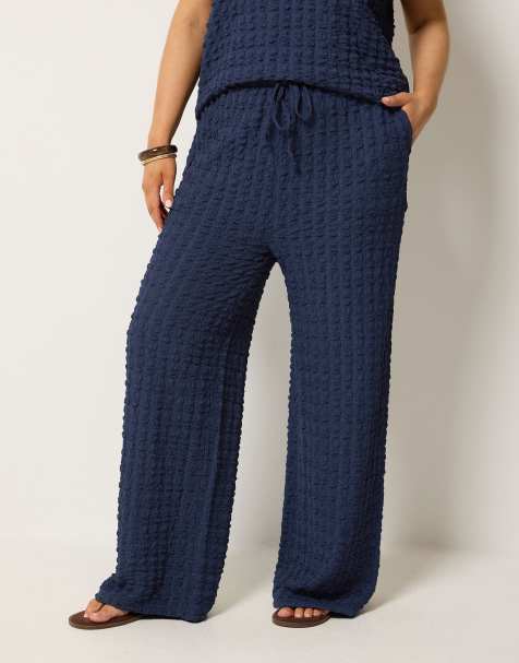 Yours Clothing Bubble textured wide leg trousers in blue - view 1