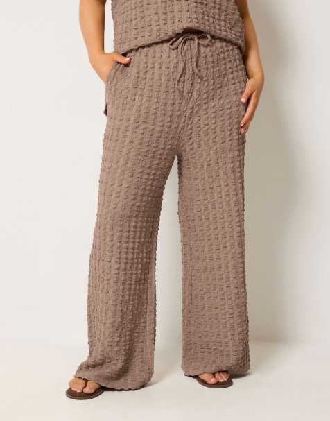 Yours Clothing Bubble textured wide leg trousers in brown - view 1