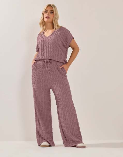 Yours Clothing Bubble textured wide leg trousers in pink - view 1