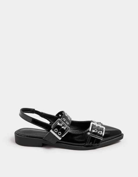 Yours Clothing Buckle detail pointed slingback flats in wide e fit in black - view 1