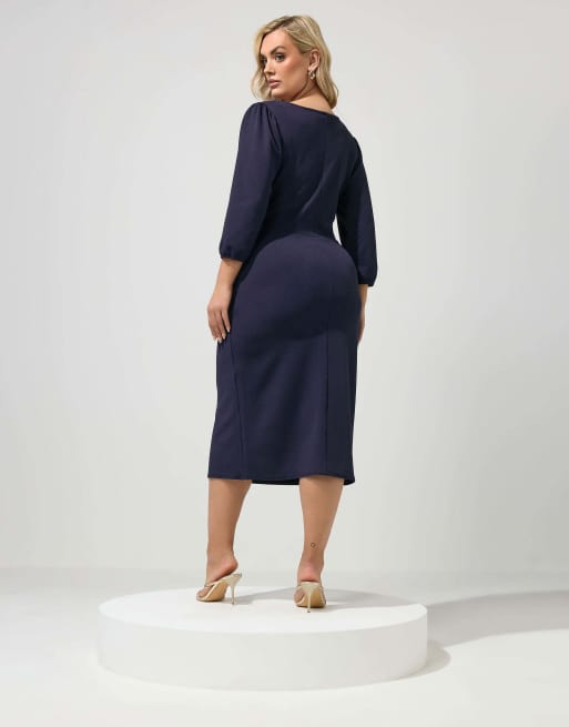 Yours Clothing Buckle wrap midi dress in blue, 4 of 4