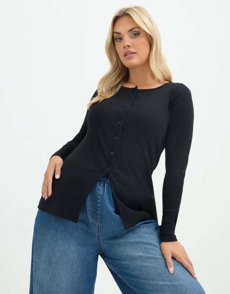 Yours Clothing Button front long sleeve top in black - view 1