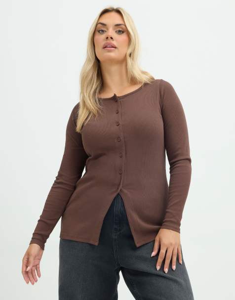 Yours Clothing Button front long sleeve top in brown