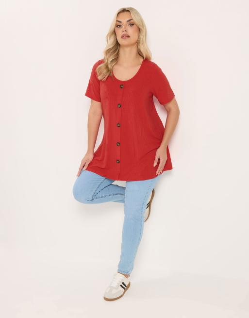 Yours Clothing Button front ribbed swing top in red, 2 of 4