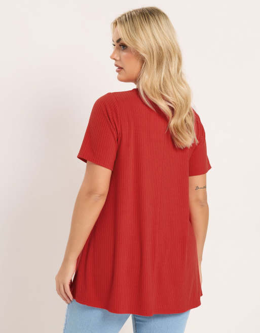Yours Clothing Button front ribbed swing top in red, 3 of 4