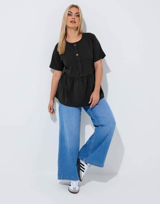 Yours Clothing Button peplum top in black, 2 of 4