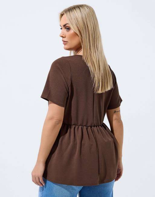Yours Clothing Button peplum top in brown, 2 of 4