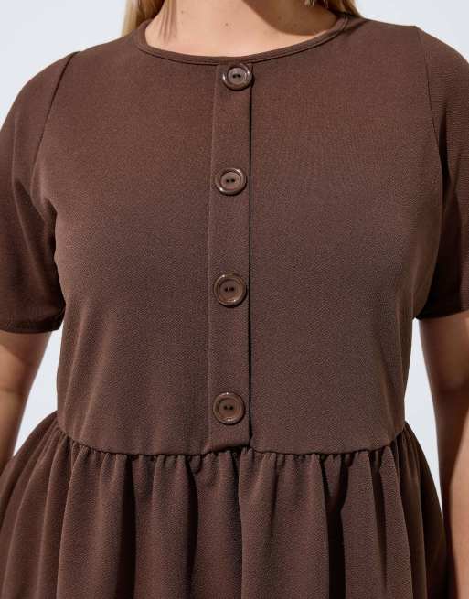 Yours Clothing Button peplum top in brown, 3 of 4