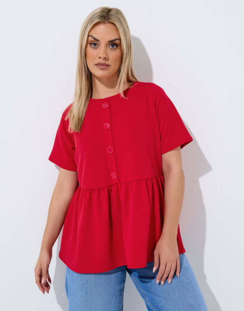 Yours Clothing Button peplum top in red