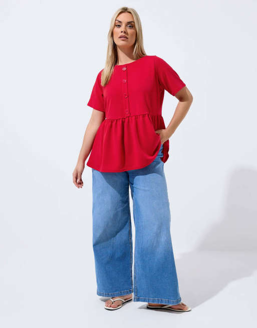 Yours Clothing Button peplum top in red, 2 of 4