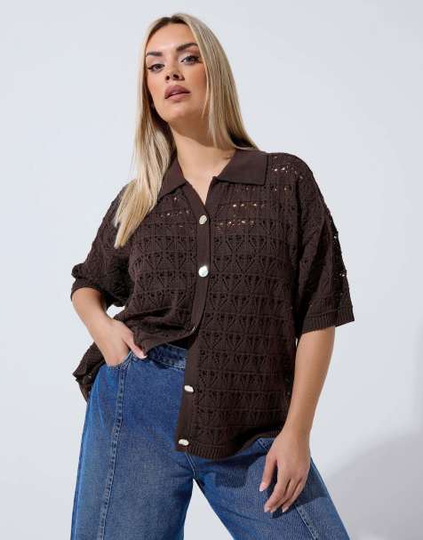 Yours Clothing Button through crochet shirt in brown - view 1