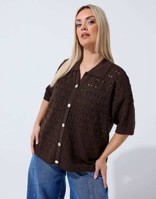 Yours Clothing Button through crochet shirt in brown, 2 of 4