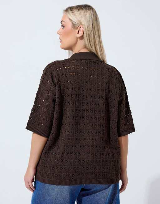 Yours Clothing Button through crochet shirt in brown, 4 of 4